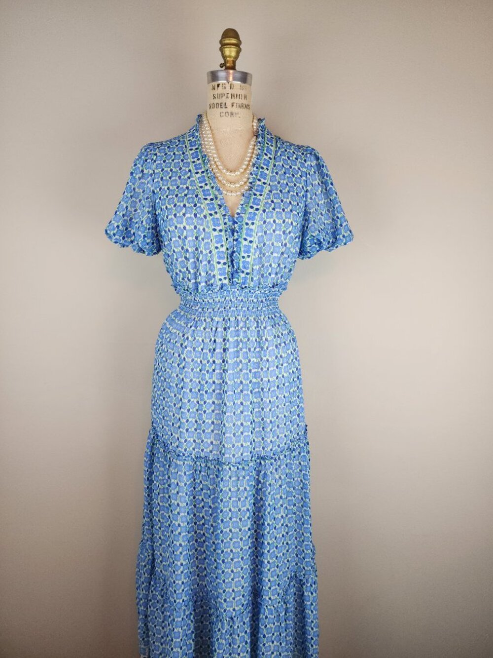 Max Studio Feminine Sky Blue Tiered Ruffled Floral Print Chiffon Dress * Small